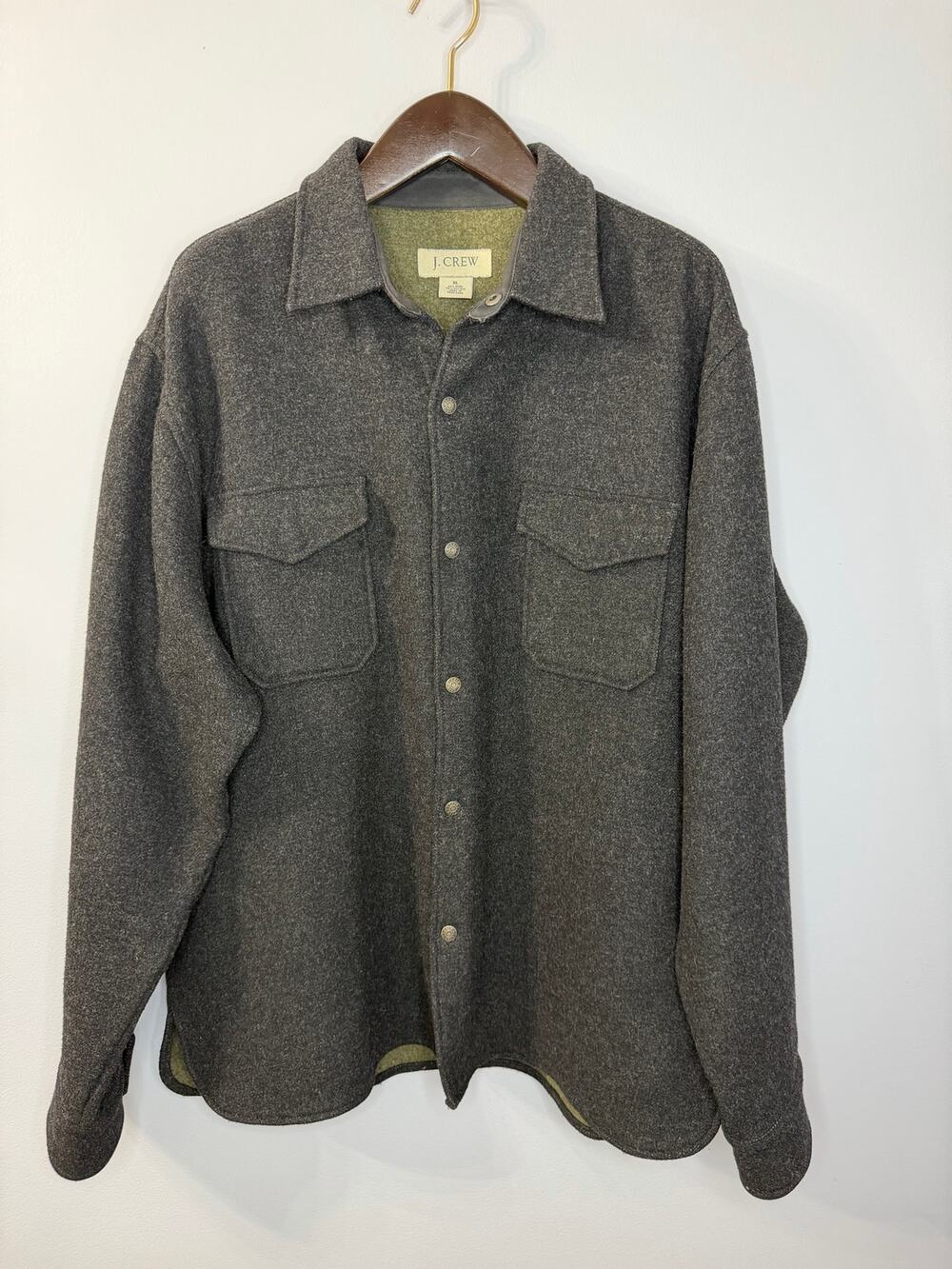 J.CREW 90's Melton CPO Shirt Jacket Gray Wool Snap Button Vintage Shacket Men XL